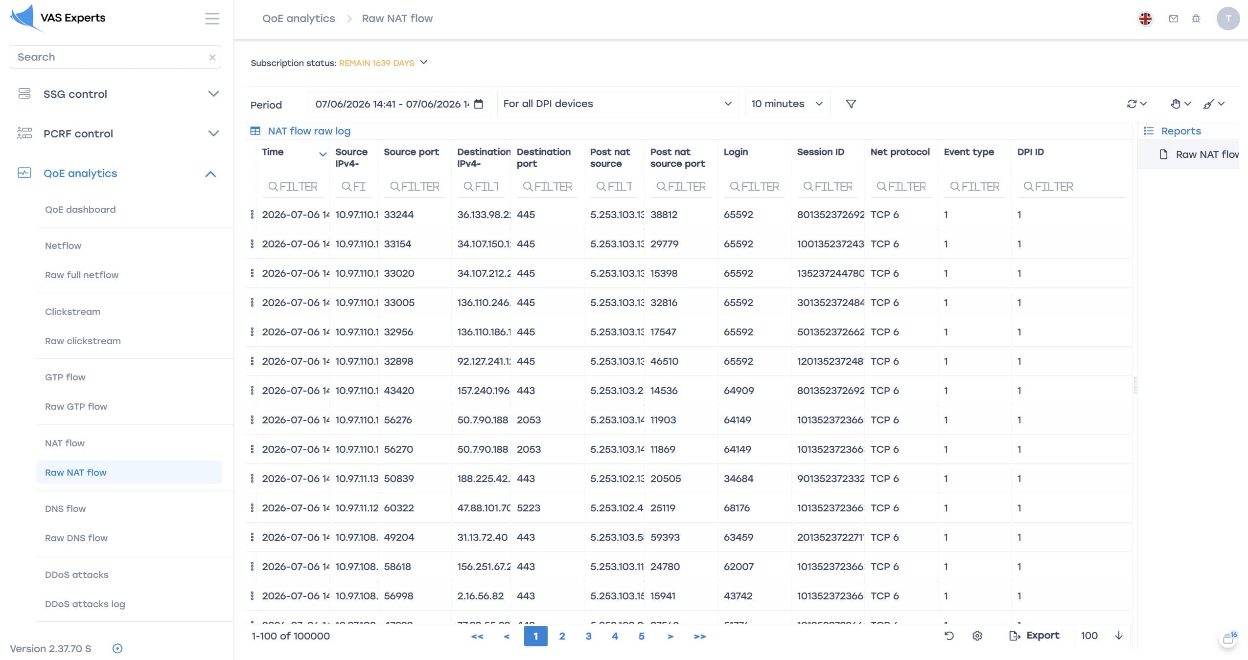 NAT event log in QoE analytics