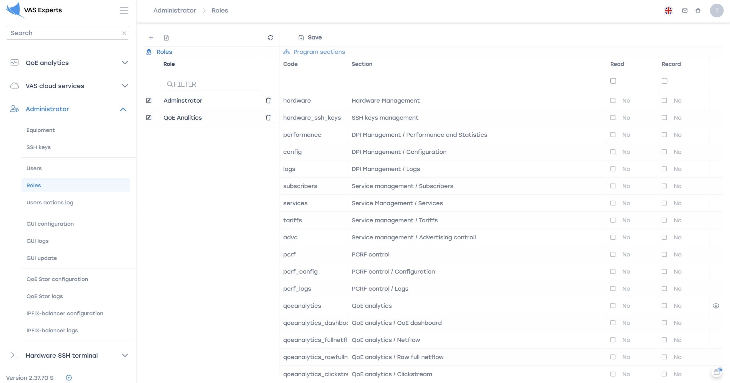 Configuring roles and access rights in the «Administrator» section