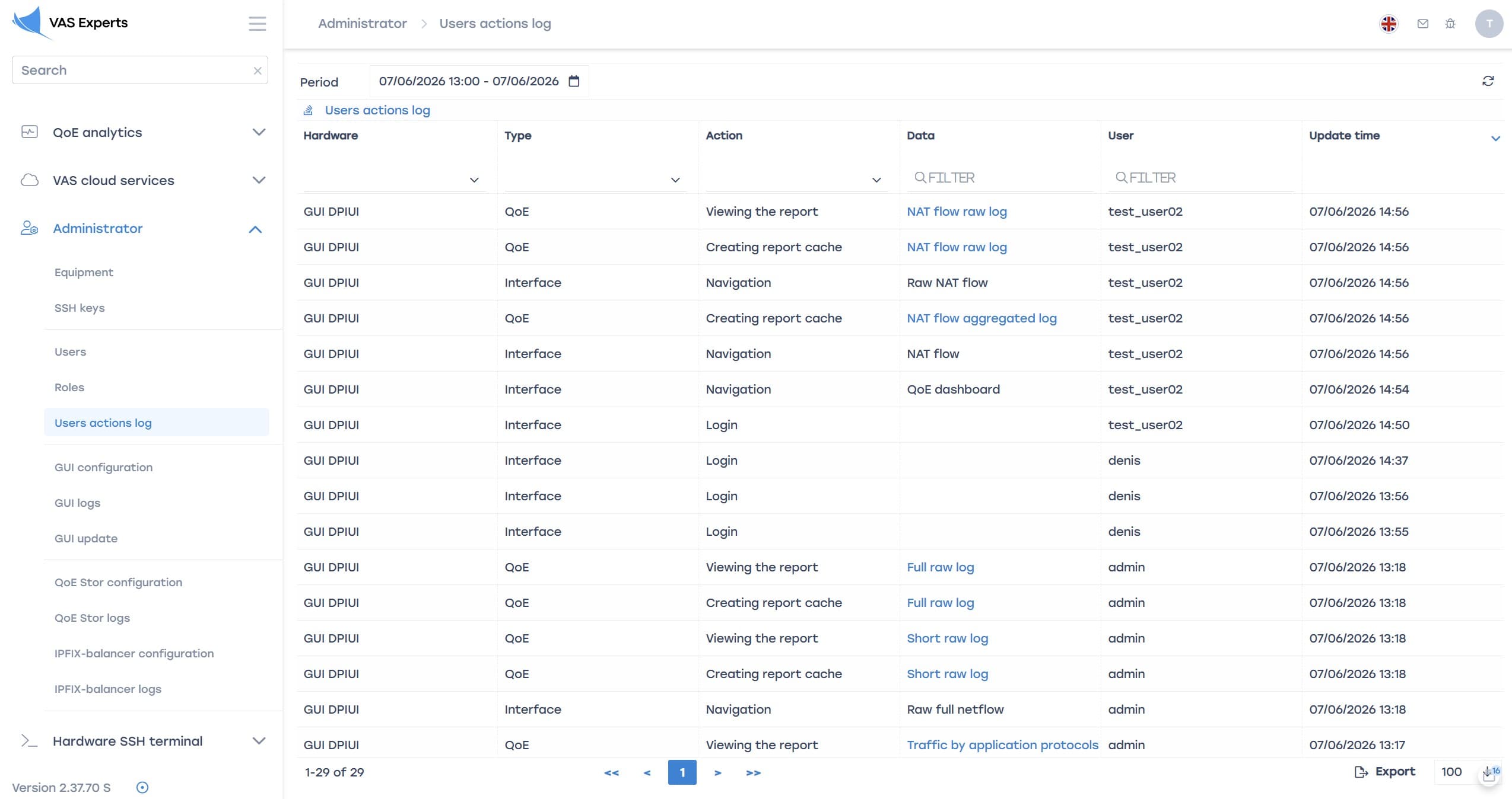 User action log