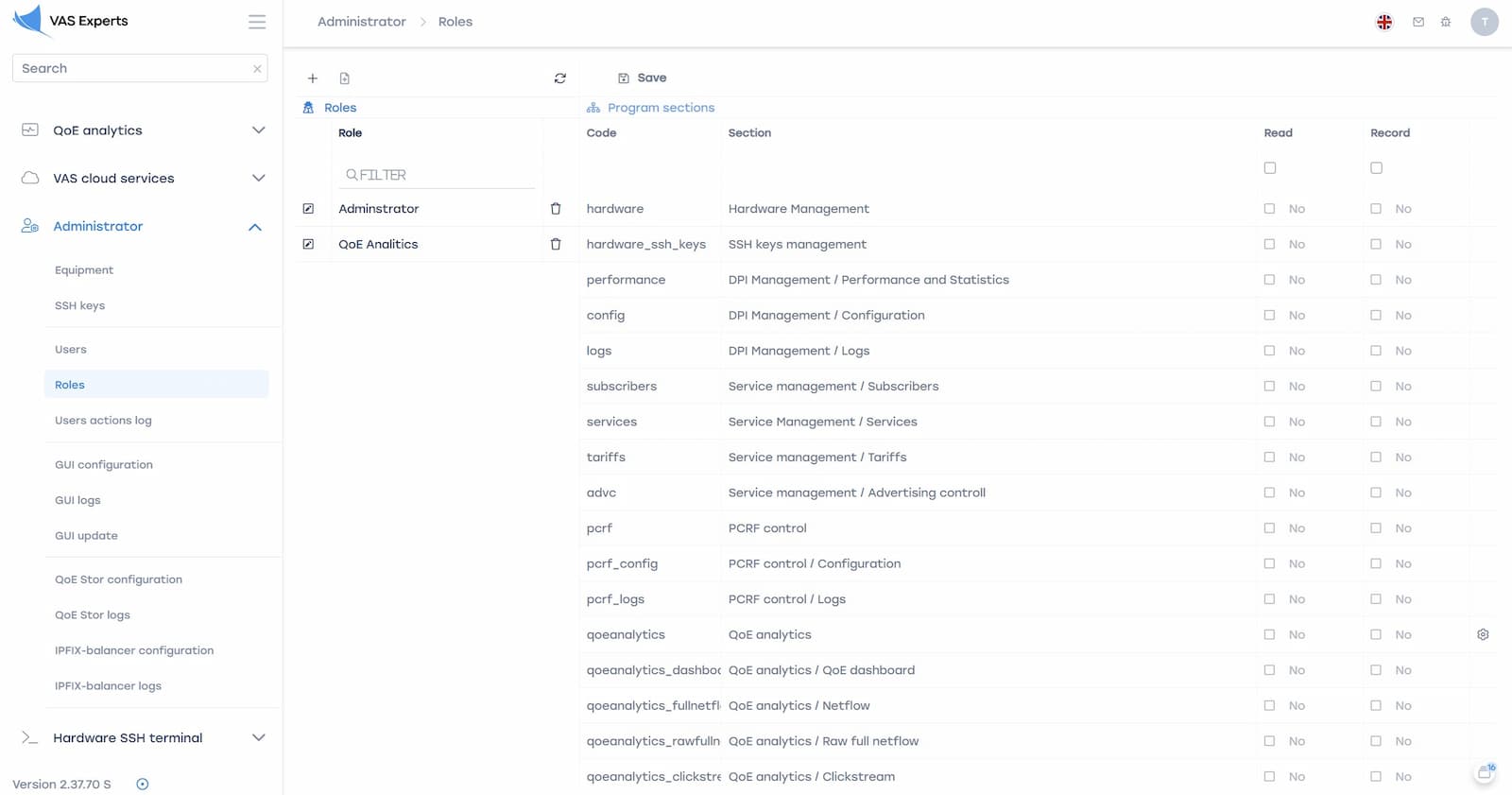 Configuring roles and access rights in the Administrator section